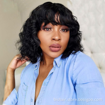 Wholesale Scalp Top Full Machine Made Wig With Bangs Brazilian Remy Short Bob Wave Human Hair Wigs With 8-16 inch 150% Density